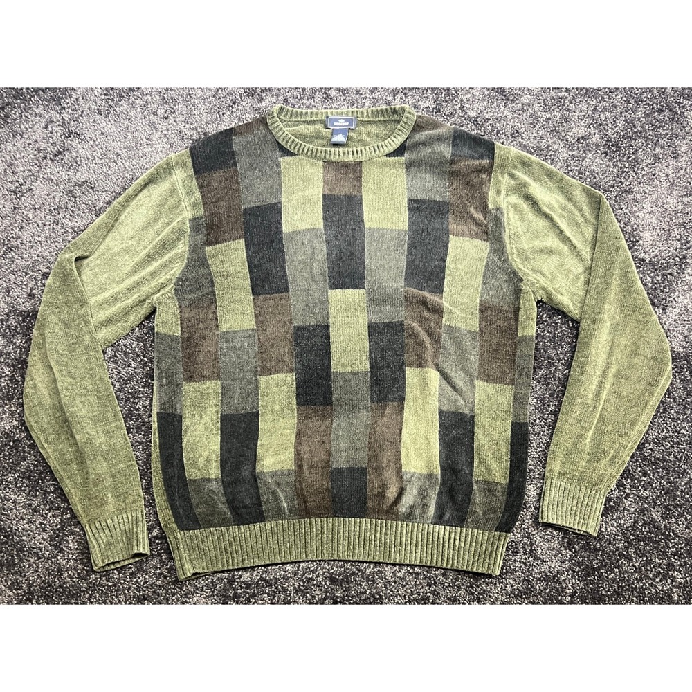 VTG Dockers Mens Grandpa Sweater Large L Brown Green Black Plaid Rayon Acrylic‎